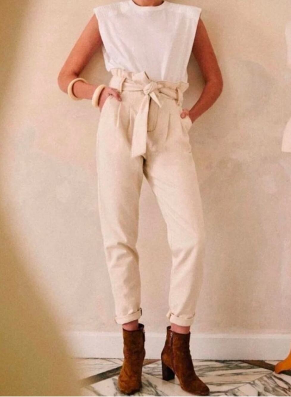 Sezane High Rise Paperbag Belted Tapered Straight Leg Jeans Cream 36